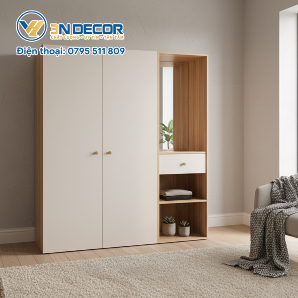 Tủ Quần Áo Gỗ MFC Ngăn Kệ, Có Gương