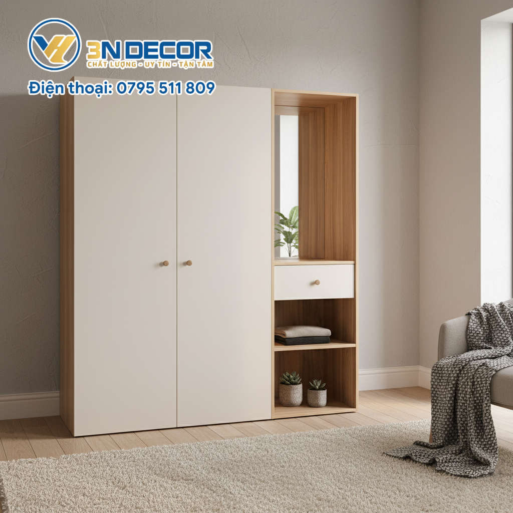 Tủ Quần Áo Gỗ MFC Ngăn Kệ, Có Gương